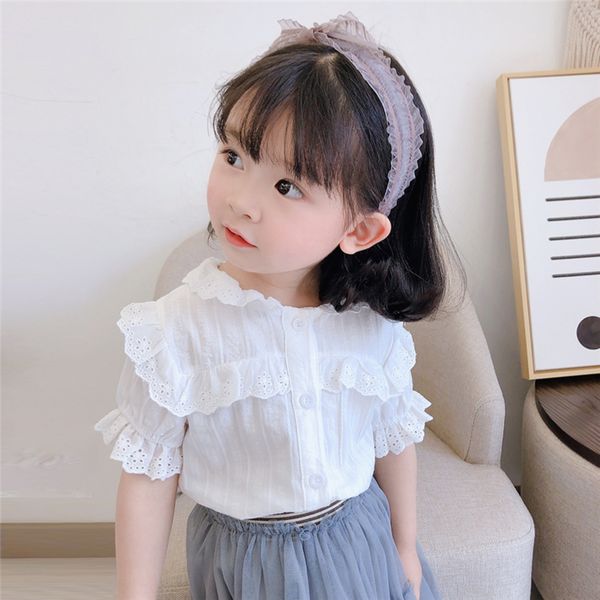 

summer girls' lapel children's baby white white lace shirt breathable cotton french lace short-sleeved shirt thin, White;black