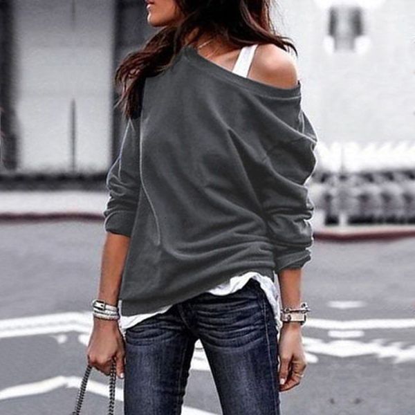 

autumn new blouse women long sleeve one shoulder solid shirt winter outwear casual female knitted one shoulder loose shirt knitwear, White