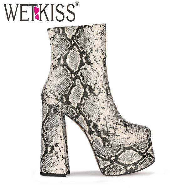 

wetkiss women high heels ankle boots snakeskin booties platform chunky block heel snake print shoes zipper winter boot big size, Black