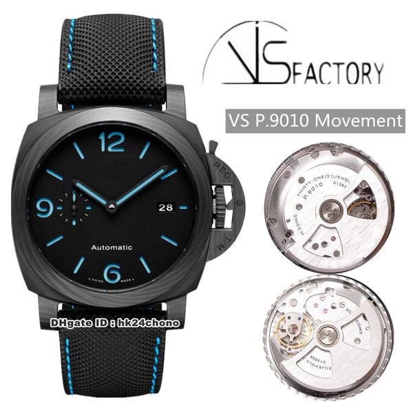 

version vs 44mm carbotech 01661 p.9010 automatic men's watch carbotech case black dial leather strap gents watches, Slivery;brown