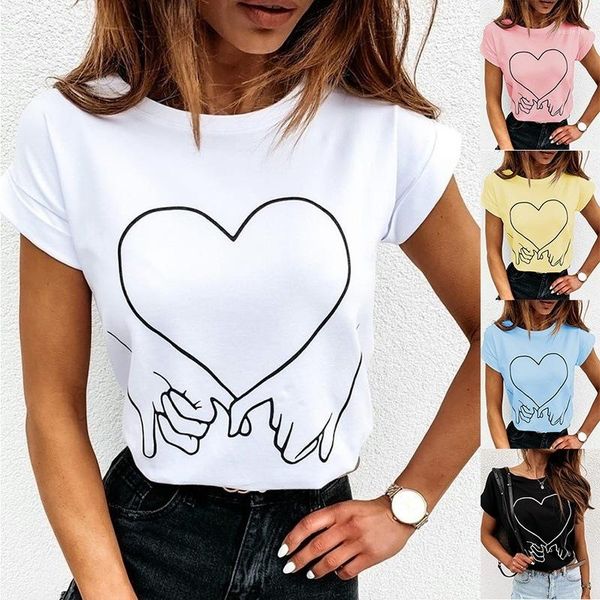 

повседневный удобные дамы tshirts лето сердечные печати женская футболка solid color o-образным вырезом сыпучие женщины топы расслабление, White