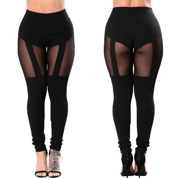 

girl punk rock party club disco leggings patchwork stripe mesh black pant lady spring summer ankle skinny legging