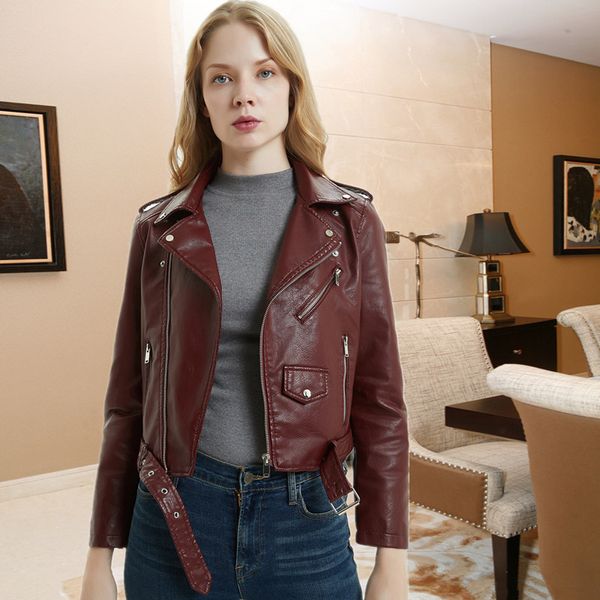 

2020 new fashion women autunm winter black blue fake faux leather jackets lady pu zipper pocket motorcycle outerwear coat belt