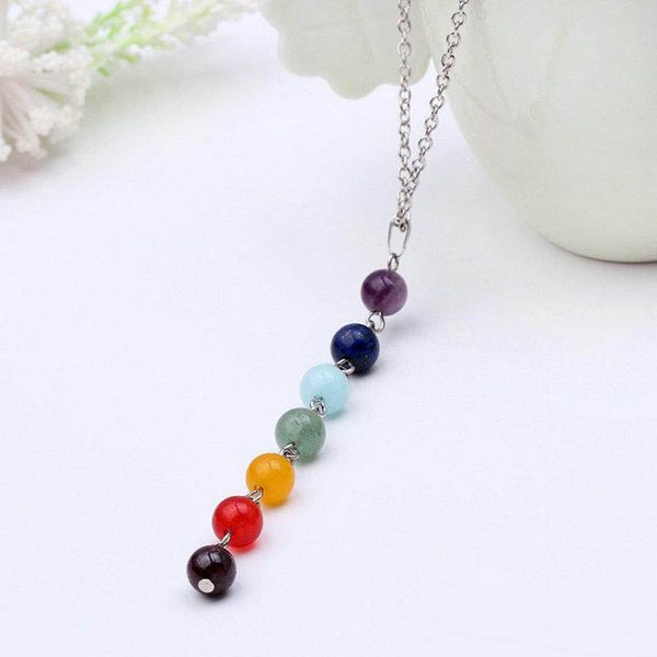 

2020 natural stone beads pendant necklaces 7 chakra beads necklace reiki healing gemstones beads necklace jewelry christmas gift, Silver