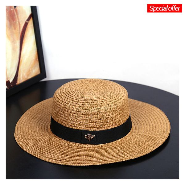 

sun hats small bee straw hat european and american retro gold braided hat female loose sunscreen sunshade flat cap visors hats, Blue;gray