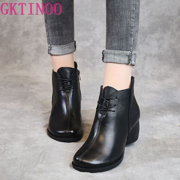

gktinoo spring autumn women boots genuine leather thick heels ankle boots for women shoes retro handmade zipper short, Black
