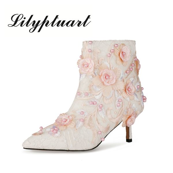 

european and american white wedding high-heeled short boots large size embroidery pointed toe high-heeled boots women, Black