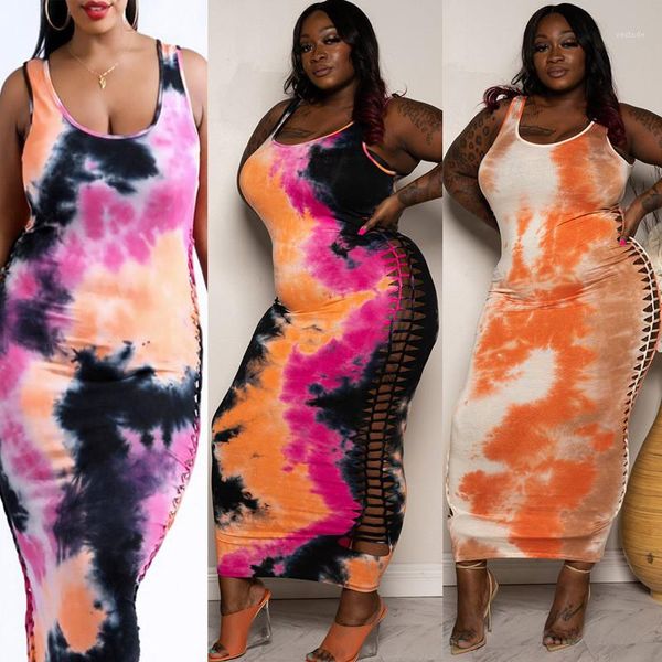 

tie dyed dresses hollow out sleevelsss bodycon dresss scoop neck pencil dress for waman women plus size, Black;gray