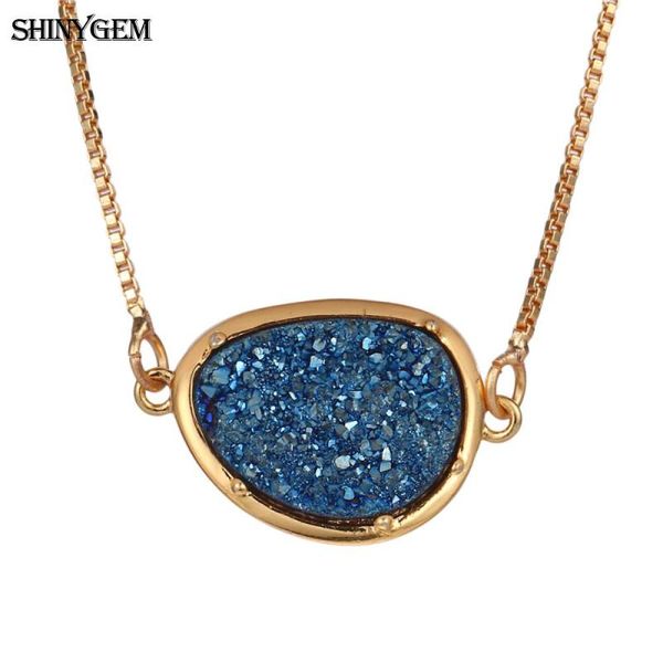 

shinygem natural crystal stone necklace vintage irregular druzy rock crystal necklace 24k pure gold chain for women men, Silver