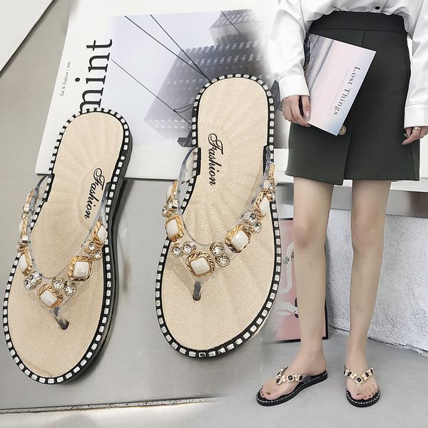 

2020 women slipper pearl flat toe bohemian casual shoes beach sandals ladies shoes platform sandalias de mujer, Black