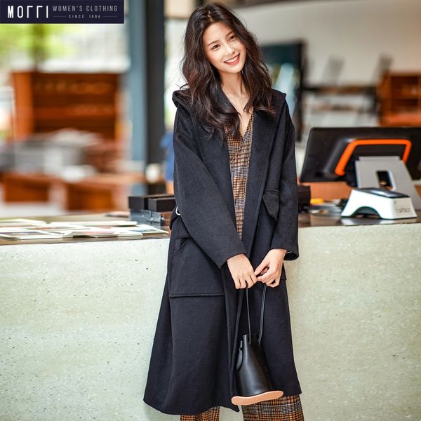 

r7msz new women's mid-length solid color hooded lace-up waist over moffi winter new women's moffi coat winter coat mid-length soli, Black