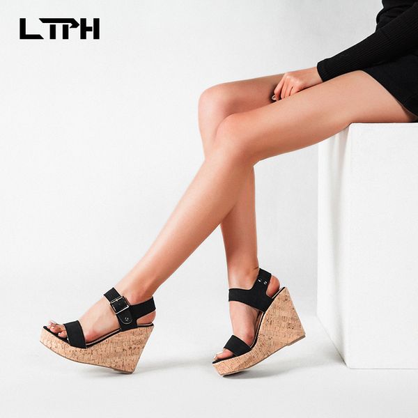 

lpth 2020 summer new arrival wedges women sandals large size solid color round head word buckle strap thick bottom pu shoes, Black