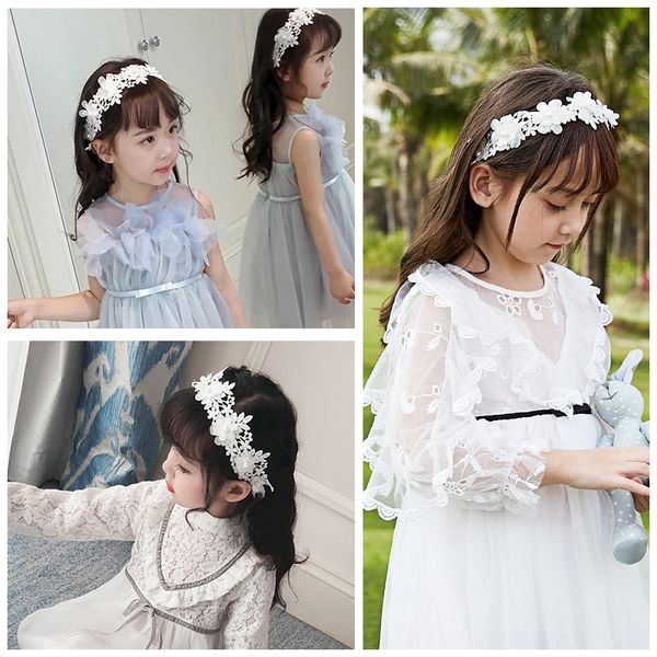 

h9krk korean new lace three-dimensional flower pearl band princess hair buckle headdress wear accessories hair band children's lace chi, Slivery;white