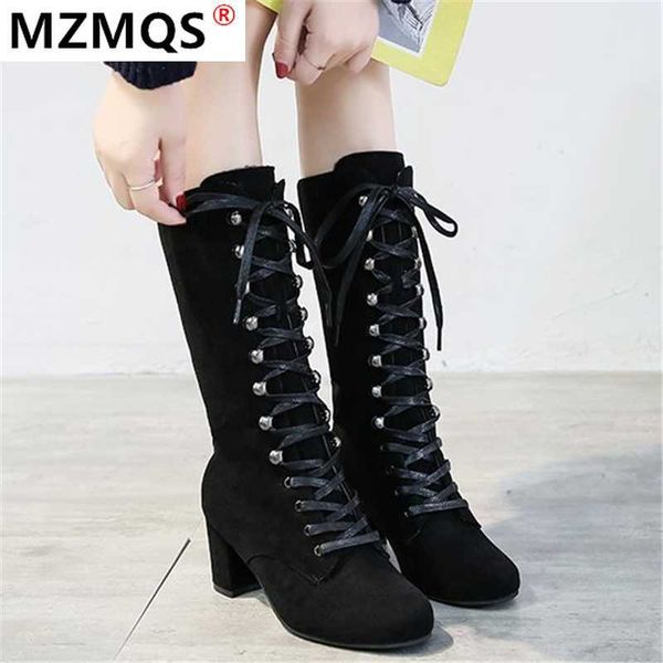 

2020 winter women's boots fashion lace-up square heel mid-tube suede boots round toe high heel mid-calf zapatos de mujer, Black