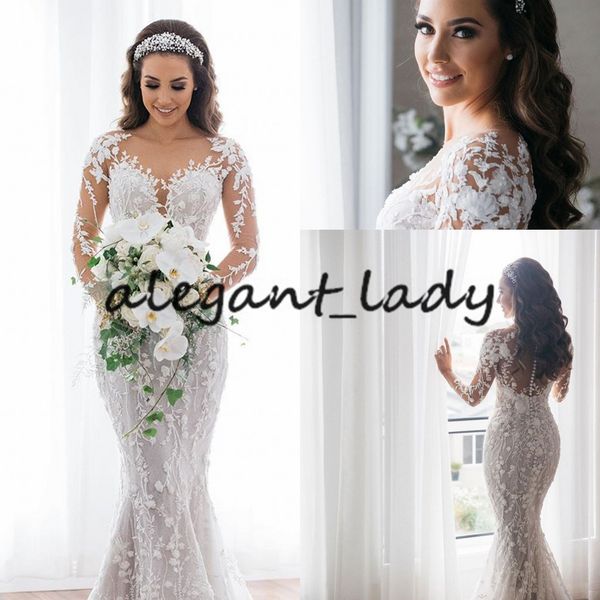 

plus size vestido de noiva 2021 illusion long sleeve mermaid wedding dresses lace applique beach bohemian fishtail bride dress, White