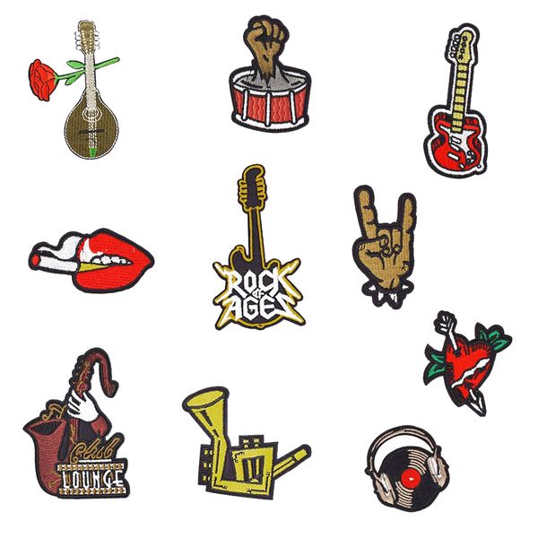 

10pcs/set embroidered musical instruments patch badge for punk clothing ironing applique men sweater hats stripe sewing embroidered patches, Black