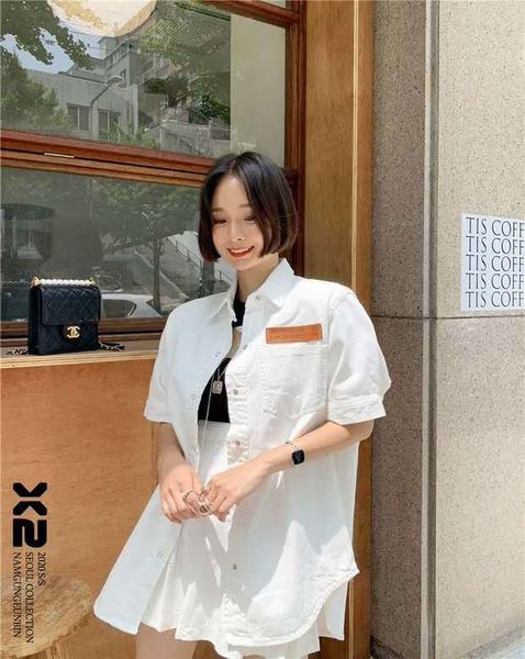 

korean east gate single side shirt pocket label shoulder pad casual lapel curved short sleeve shirt, White