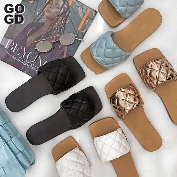 

gogd] the new 2020 summer women's shoes nude quilted flat comfortable lady square toe sandals shoe swhosesale prcice, Black