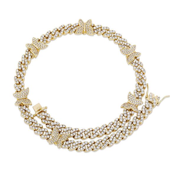 

16/18/22/24inch 8mm width cz prong setting butterfly link chain necklace for men women gold plated full cz cuban chains necklace, Silver