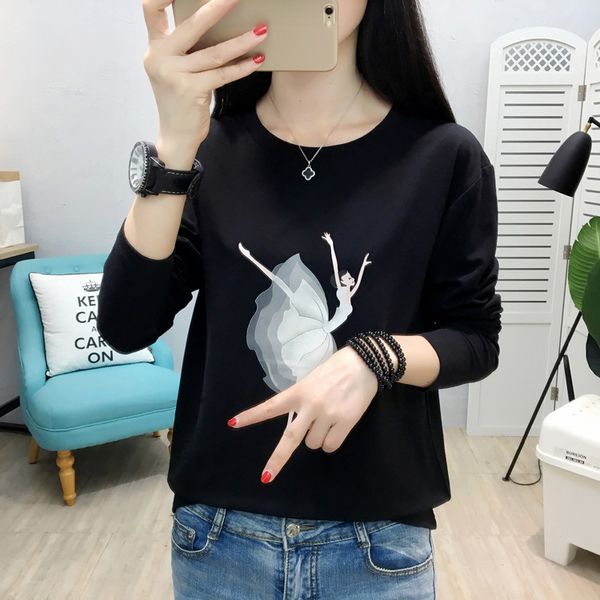 

fashion tee shirt female ballet girl printed women long sleeve t shirt womens 2018 cotton t-shirt casual camisetas mujer, White
