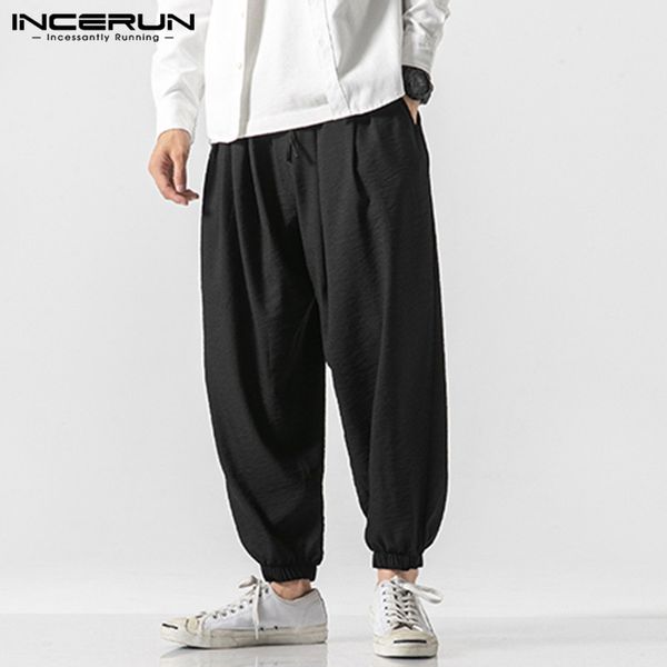 

incerun мужчины повседневные брюки drawstring solid color бегуны vintage streetwear 2020 сыпучие мужчины шаровары китайский стиль pantalon 5, Black