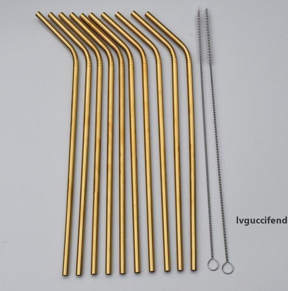 

gold 304 stainless steel straw reusable drinking straw metal bend straight straw cleaner brush kitchen barware