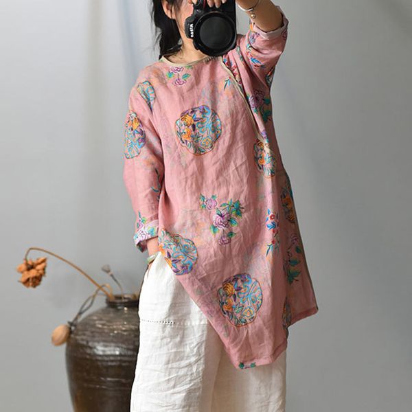 

women's blouses & shirts johnature 2021 autumn vintage print floral for women ramie o-neck long sleeve loose female, White