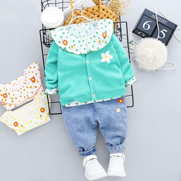 

2020 autumn new 2020 borninfant clothing sets girls casual clothes coats lace t shirt flowers jeans 3 piece kids costume, White