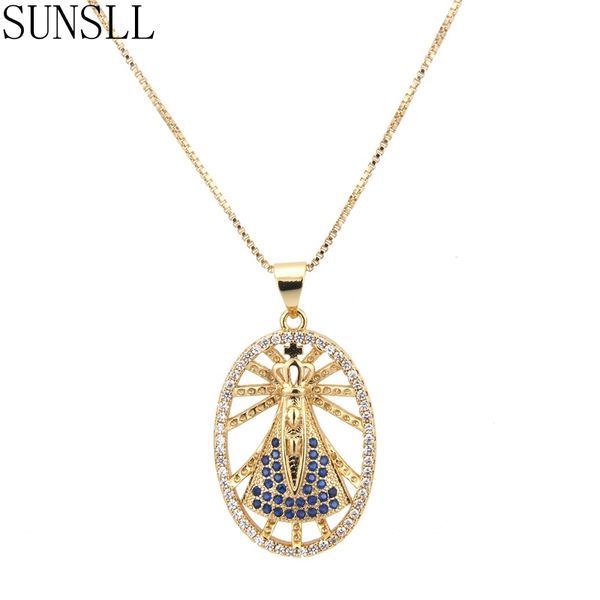 

sunsll golden copper fashion oval shape blue&white cubic zirconia classic pendant necklace jewelry for women gift feminina colar, Silver