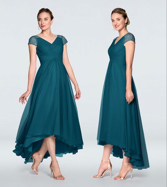 

delicate midnight turquoise chiffon high low mother of the bride dresses cap sleeves beading v neckline wedding party gowns back out, Black;red
