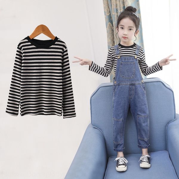 

lykbm girls' long-sleeved 2020 new style children's striped base underpants t- underpants shirt for medium and large children litt, Blue