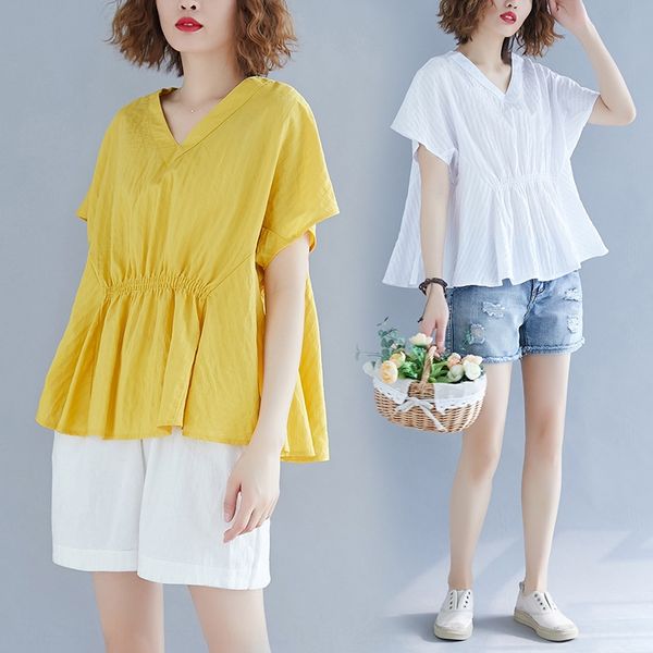 

2020 new fat mm large size artistic western style age-reducing belly-covering v-neck all-match doll t- shirt doll shirt t-shirt, White