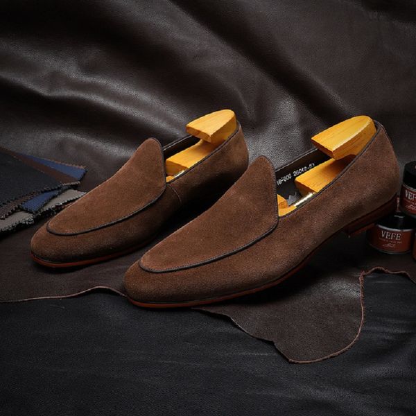 

korean style new retro handmade sewing cow suede genuine leather slip-on round toe men casual loafer shoes 20200728, Black