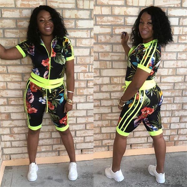 

flower patchwork women tracksuit summer short sleeve and ladies pants casual womens jogger sprots clothing 2 peice sets, Gray