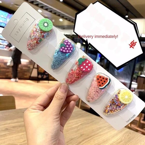 

f33 korean new color quicksand transparent clip children's fruit hairpin pvc side clip baby bb fruit headdress headdress, Slivery;white
