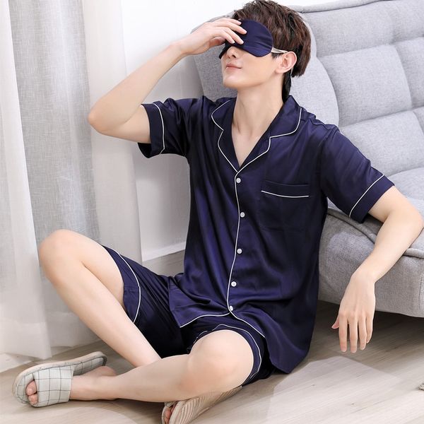 

21jm1 men's silk pajamas short-sleeved two-piece set pure color ice silk satin lapel cardigan and shorts pajamas shorts home wear men&#, Blue;red
