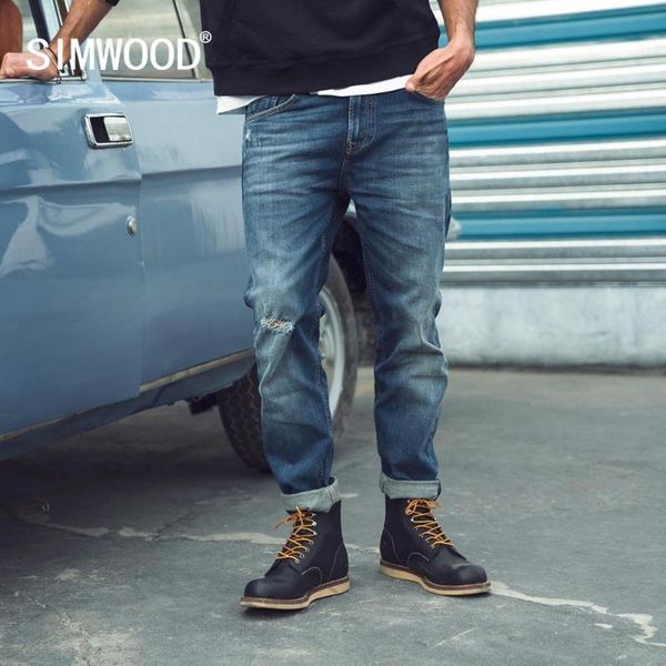 

simwood 2020 spring slim-fit tapered little stretch-denim jeans men ripped hole fashion plus size denim trousers sj110140, Blue