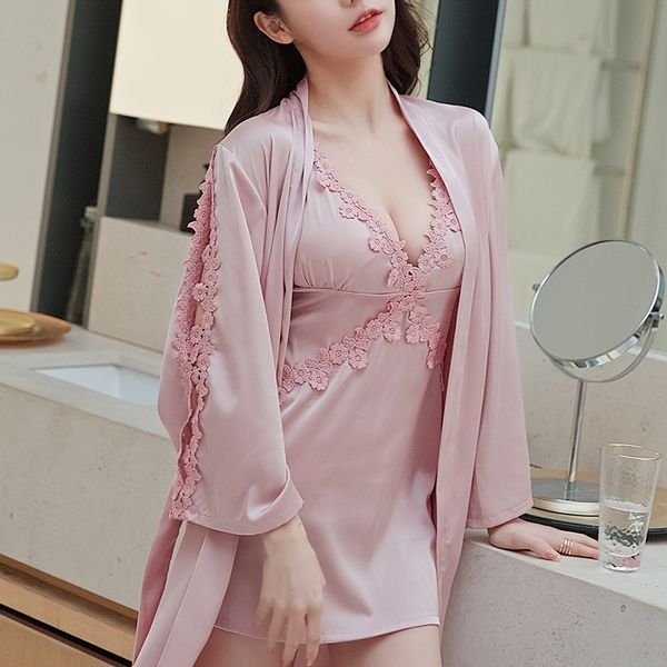 

sling nightgown women's ice silk two-piece suit home clothes pajamas sling pajamas lace nightgown women's home wear autumn, Blue;red