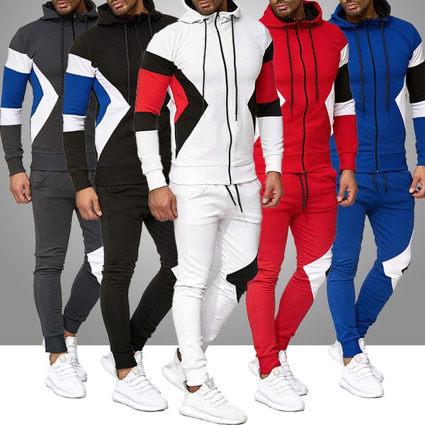 

2020 autumn running tracksuit men hooded pants sportsuit sets mens hoodies sweatshirts male stripe patchwork sportswear set, Gray