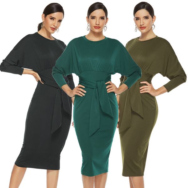 

2020 autumn women long batwing sleeve bandage dress vestido do mujer korean fashion clothing roupa feminina vestidos