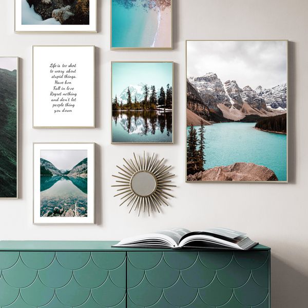 

turquoise lake pine forest snow mountain wall art canvas painting nordic posters and prints wall picture for living room decor