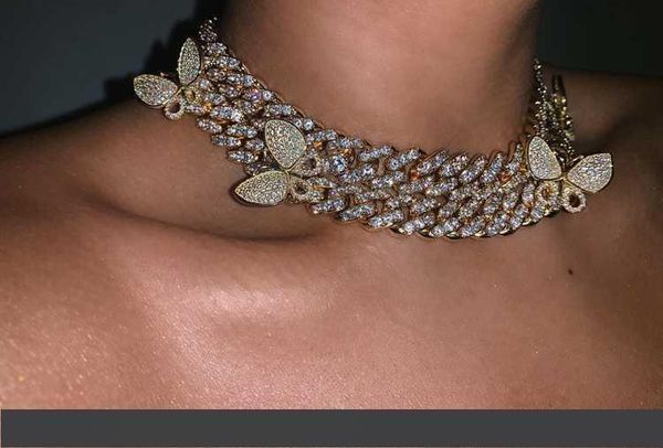 

hip hop necklace 12mm cz miami cuban link chain pink butterfly choker necklace hip hop rock iced out bling women jewelry new, Silver
