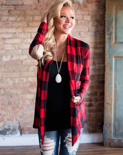 

womens clothing womens autumn buffalo red plaid cardigans long sleeve elbow patch draped open front shirt blouse, White