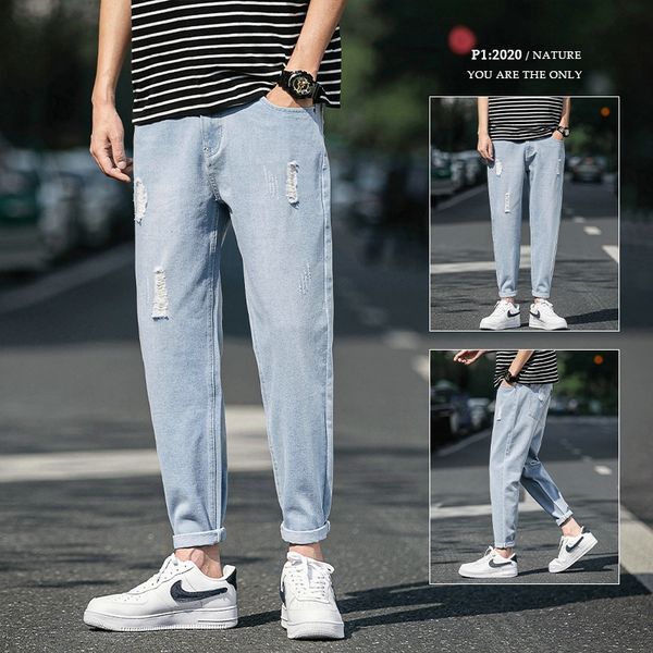 

men's cropped denim trendy brand summer thin loose straight casual jumpsuit body jumpsuit pants korean style trendy all-match pants, Blue
