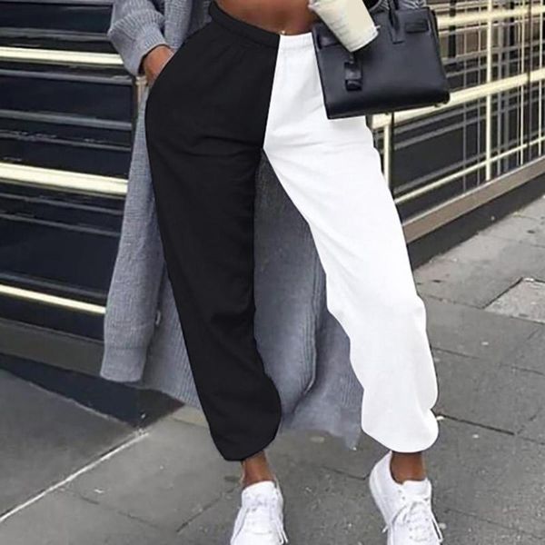 

women autumn casual white and black stitching loose sports pants with pocket ladies high waist trousers for outdoor running, Black;blue