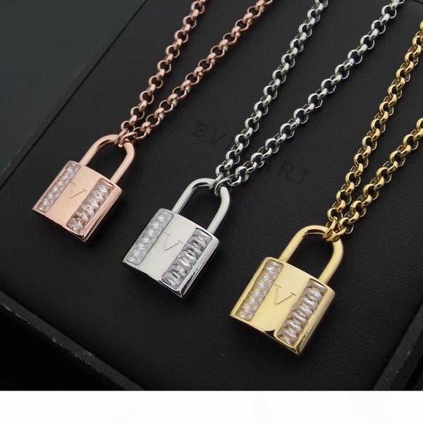 

europe america fashion style men lady titanium steel v letter 18k plated gold thick necklaces with double row diamond lock pendants 3 color, Silver