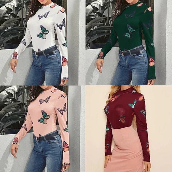 

весна новых женщины 2020 женских t- высокого воротника бабочка печать бабочки трусы t-shirt трусах базовую рубашка, White