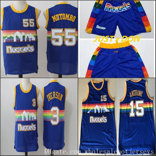 

retro classic nba dikembe mutombo 15 anthony 3 allen iverson denver nuggets men blue snow mountain basketball jersey shorts, Black