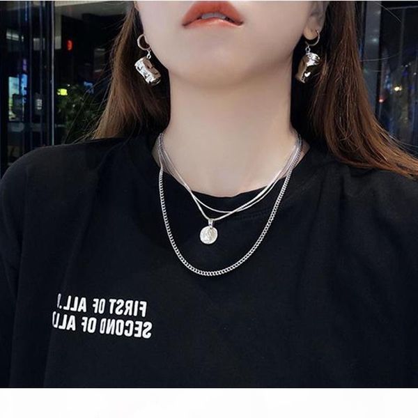 

huanzhi coin pendant multi-layer gold color metal design cool chic long chain hip hop style necklaces for women girls party, Silver