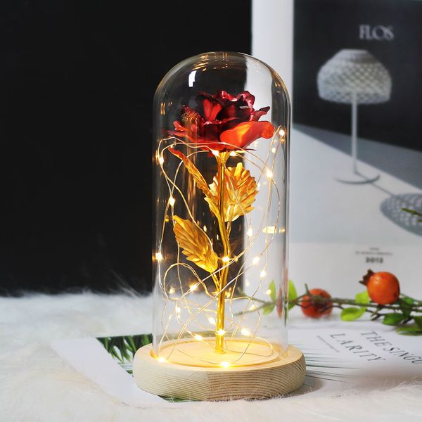 

beauty and beast rose in flask led rose flower light black base glass dome for mother's day valentines day gift